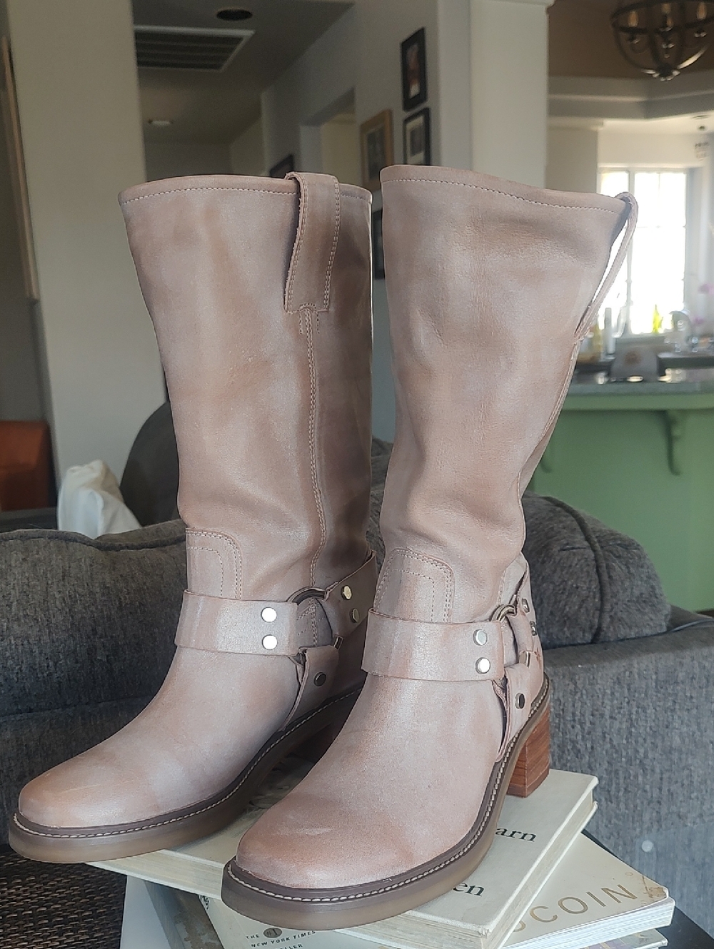 Frye Taupe Leather Mid-Calf Harness Boots